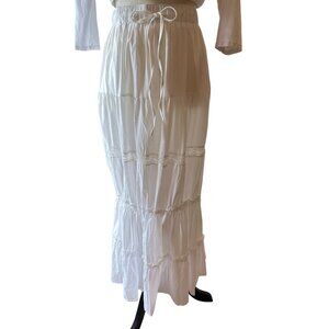 White Tiered Maxi Skirt Elastic Waist Drawstring Women Size S Lightweight Beach